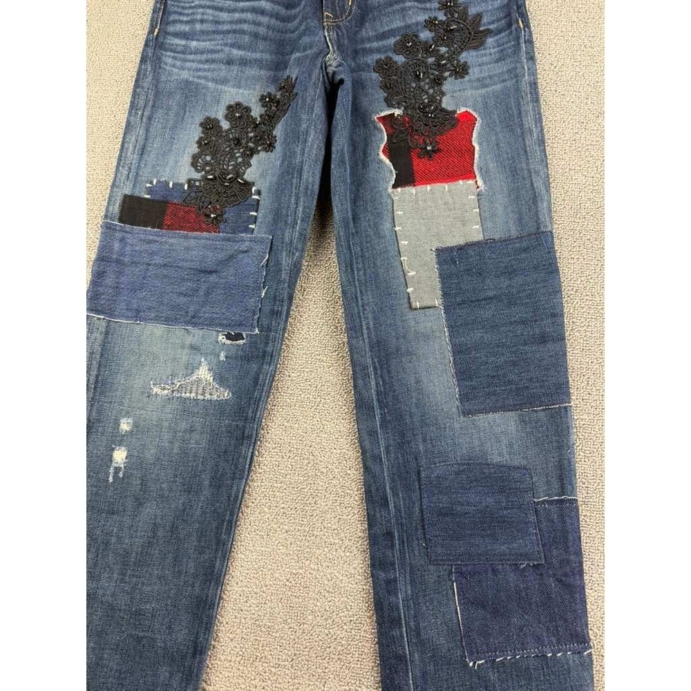 Lauren Ralph Lauren Jeans Women 00 Relaxed Taper Patchwork Blue Plaid Lace Denim - Picture 9 of 11